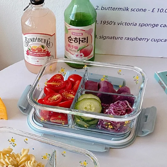 Boîte à lunch carrée transparente de 1040 ml, bol en verre pour micro-ondes, bac à légumes en verre avec couvercle